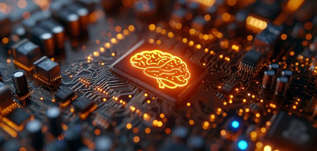 Cérebro desenhado com linhas laranjas em cima de um chip de computador