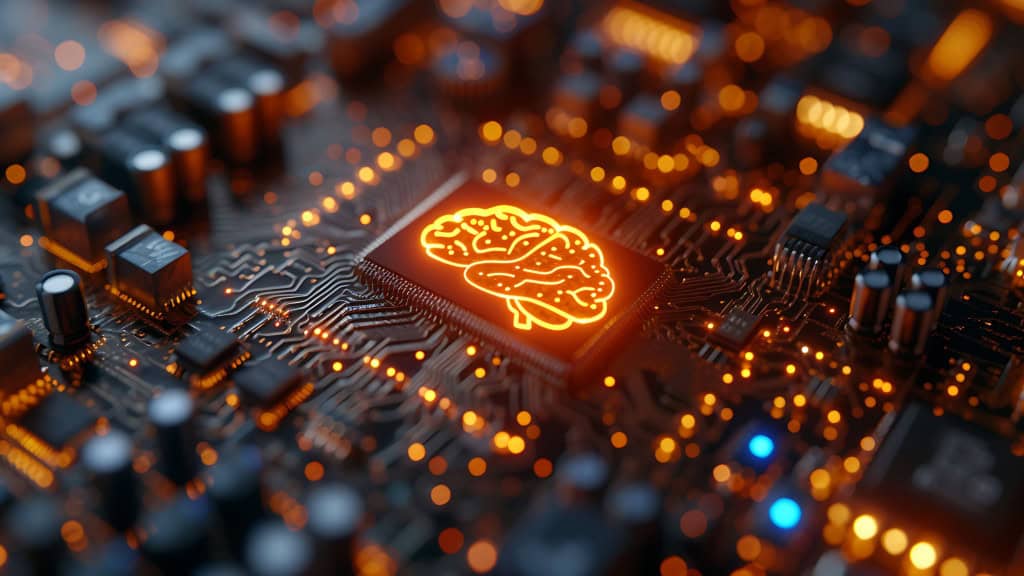 Ilustração digital de cérebro em placa de sistema para ilustrar conceito de inteligência artificial