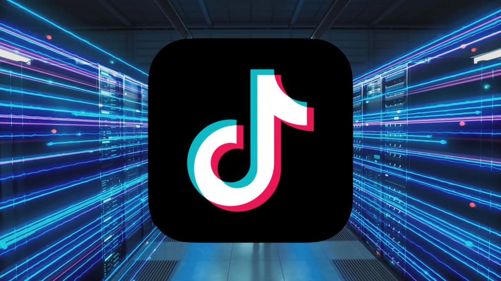 Montagem com logotipo do TikTok em cima de imagem de data center