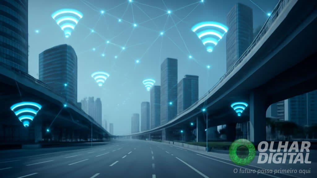 Ilustração de vista futurística da cidade fantasma Xiong'an, na China, com infraestrutura moderna e ruas vazias, simbolizando a conexão de internet avançada num ambiente desolado