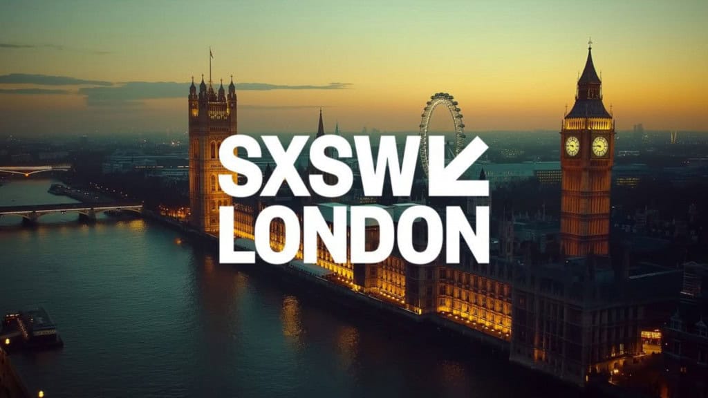 Paisagem de Londres com letreiro dizendo SXSW London em cima