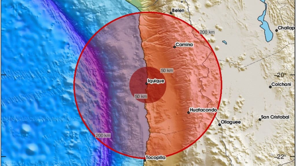 Mapa mostrando epicentro de terremoto no Chile