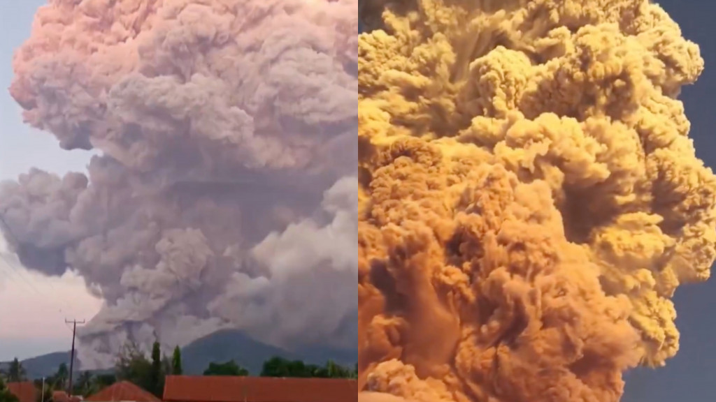 Montagem com capturas de tela de vídeos mostrando fumaça colorida expelida por erupção de vulcão na Indonésia