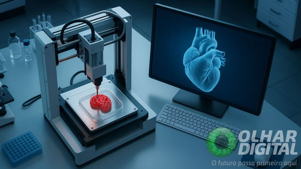 Vista aérea de um laboratório moderno com uma bioimpressora em funcionamento. Em destaque, uma bandeja com estrutura biológica parcialmente impressa, e ao lado, um monitor com imagem renderizada de um órgão humano.