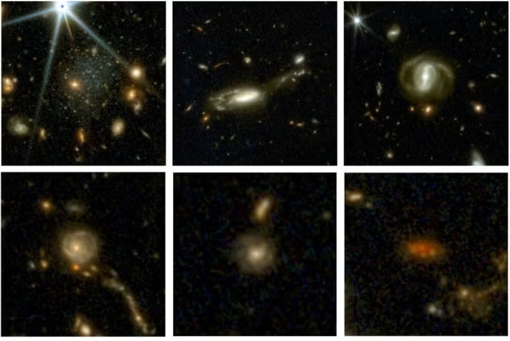 Seleção de seis imagens de galáxias captadas pelo JWST. Do canto superior esquerdo para o canto inferior direito: o Universo atual e corpos galácticos de 3, 4, 8, 9 e 10 bilhões de anos atrás.