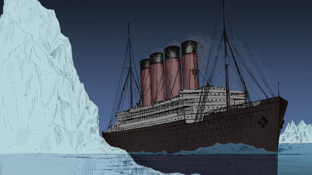 Ilustração de Titanic passando do lado de icerberg no oceano