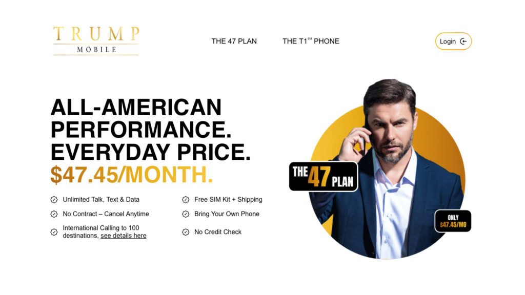 Captura de tela da página inicial da Trump Mobile mostrando destaques do Plano 47