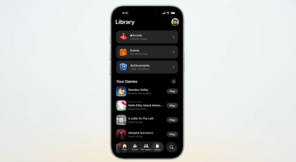 Interface do Apple Games em um iPhone