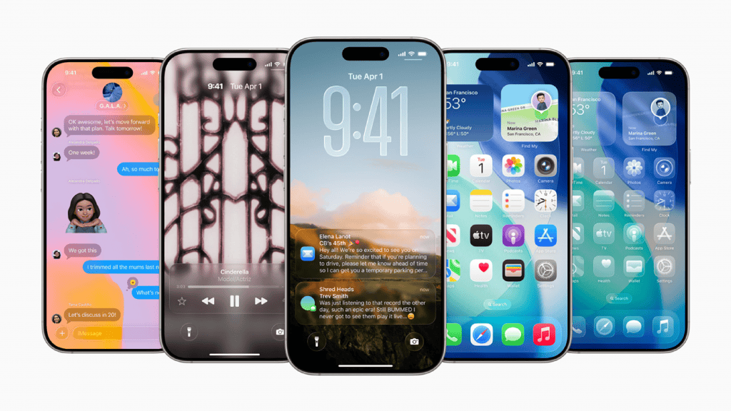 Cinco telas de iPhone mostrando novidades do iOS 26