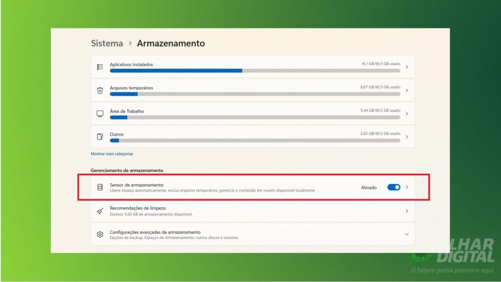Setor de armazenamento do Windows 11