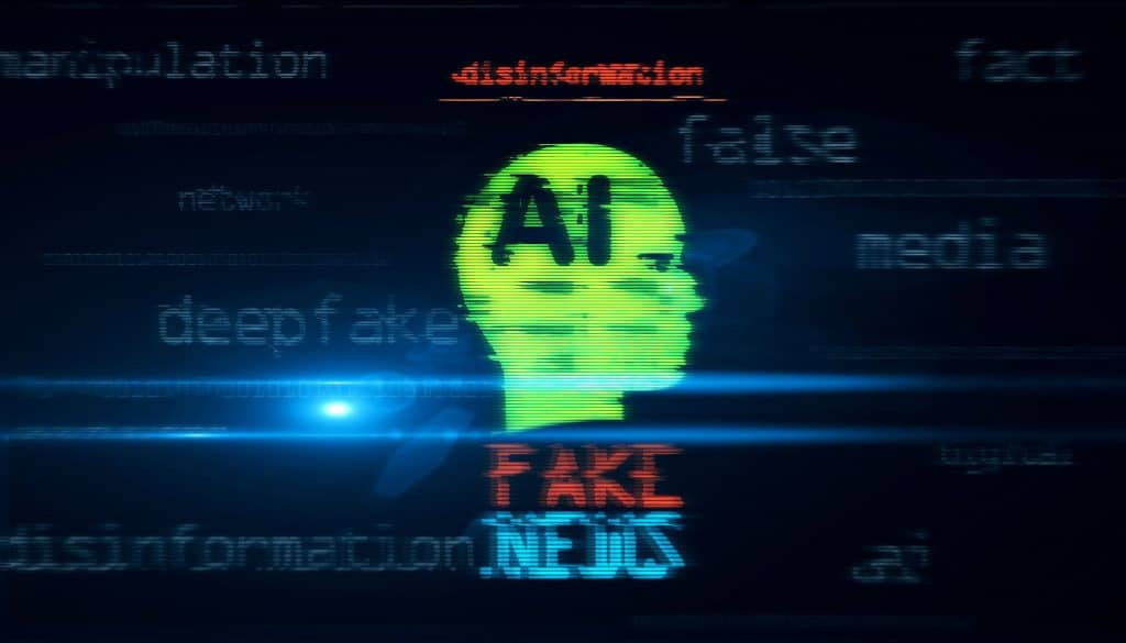 Cabeça com escrito "AI" e, abaixo, "Fake News"