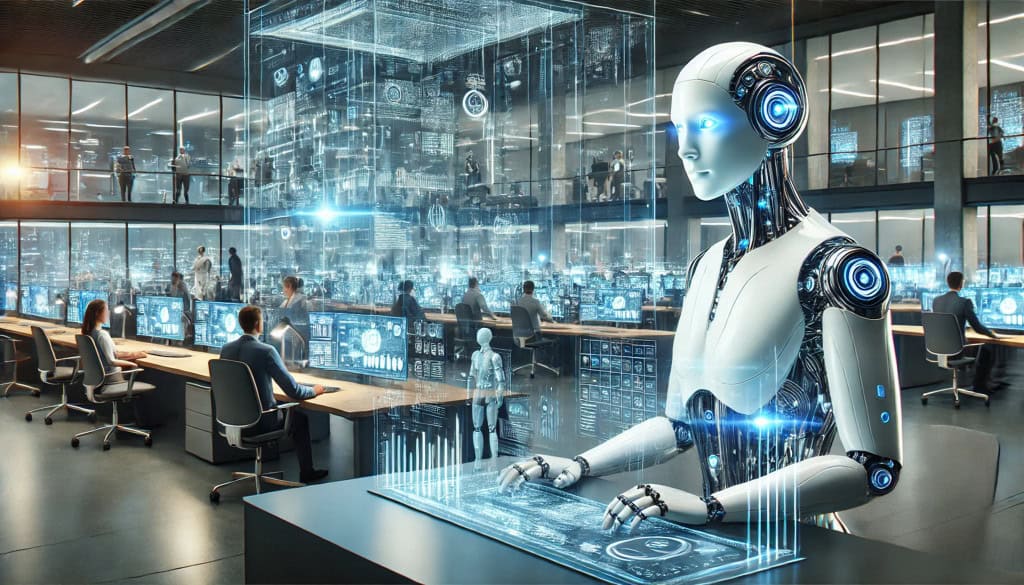 imagem feita por inteligência artificial mostra um robô trabalhando em um emprego