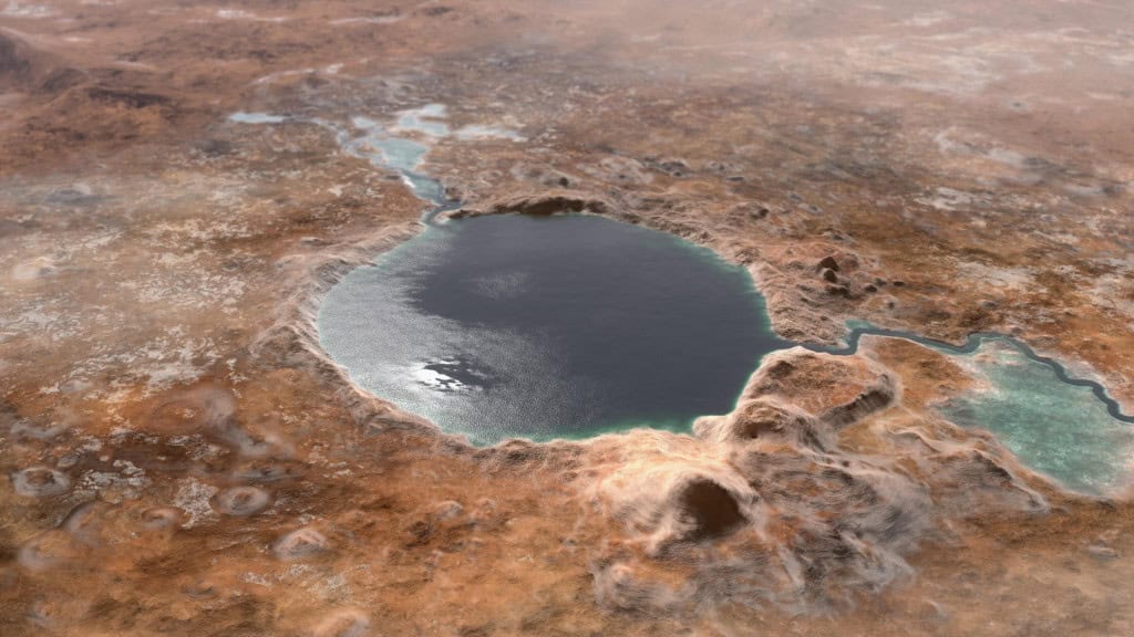 Representação artística da cratera Jezero como pode ter parecido bilhões de anos em Marte, quando era um lago
