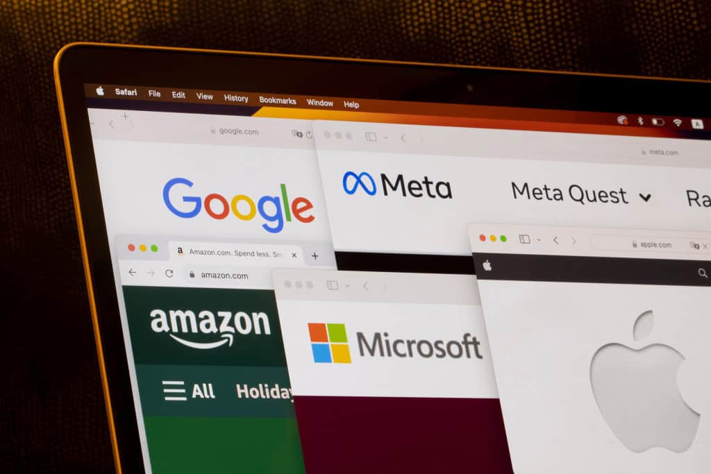 Páginas de internet de Google, Meta, Amazon, Microsoft e Apple