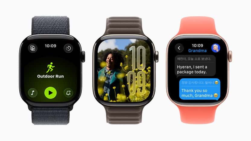 Três Apple Watches mostrando três telas distintas do novo SO
