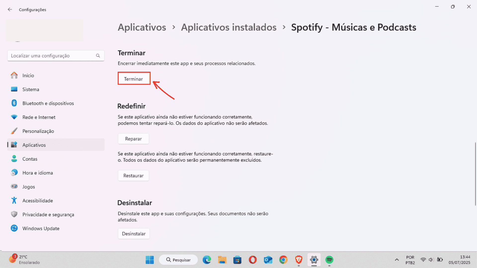 Botão de terminar tarefa pelas Configurações no Windows
