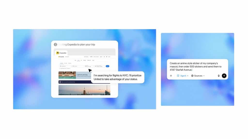 Montagem comcapturas de tela de ChatGPT Agent buscando passagens aéreas e criando figurinha