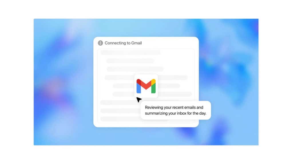 Montagem mostrando ChatGPT Agent consultando e resumindo caixa de e-mails de usuário do Gmail