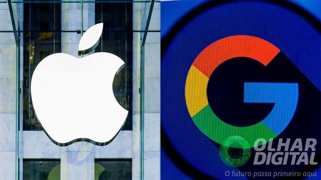 Montagem com fachada de prédio da Apple e logotipo do Google