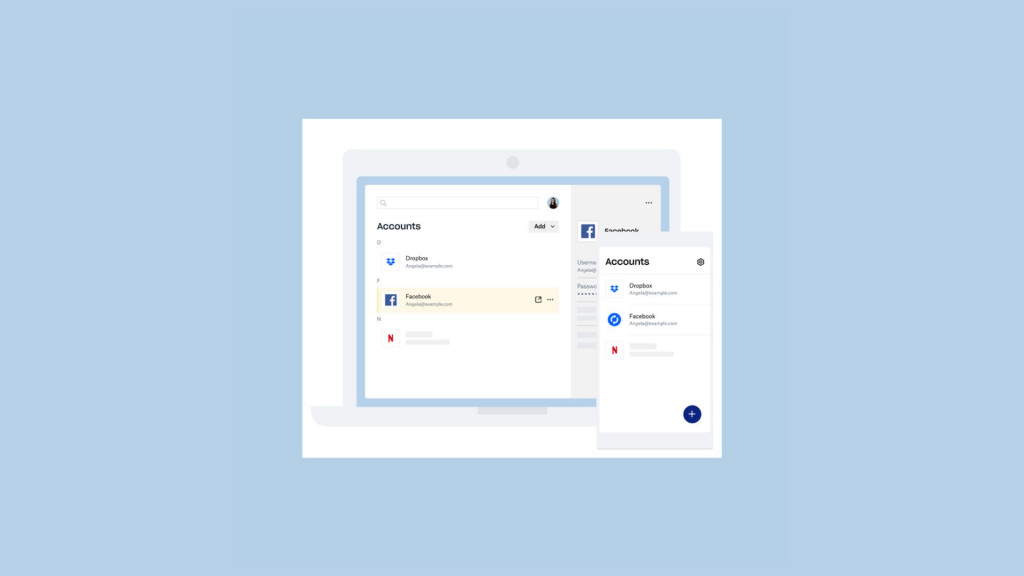 Montagem mostrando janelas do Dropbox Passwords em notebook e celular