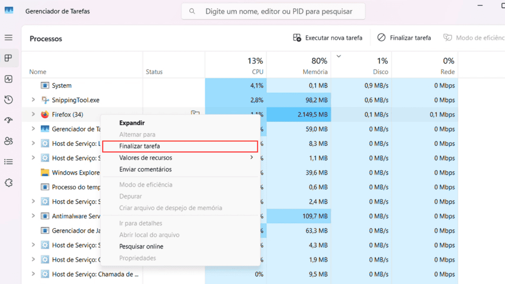 Finalizar tarefa pelo Gerenciador de Tarefas no Windows