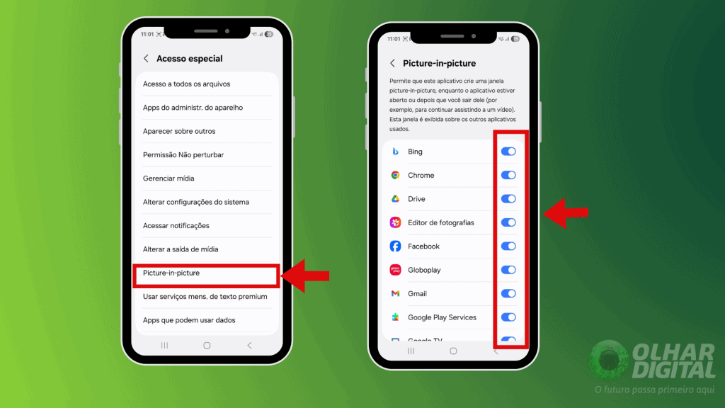 Passos finais da habilitação do recursos pincture-in-pinture no celular Android