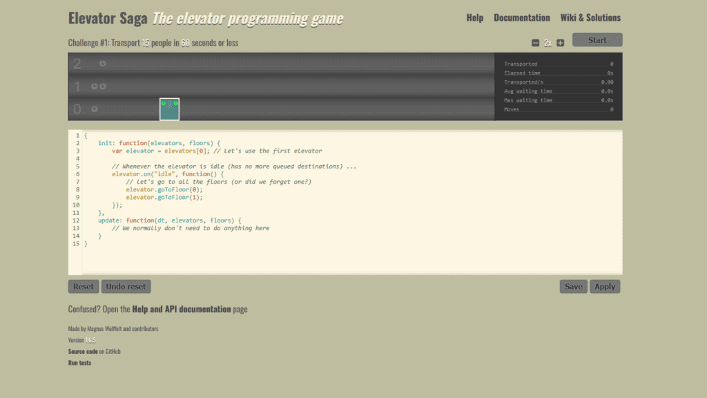Interface do site Elevator Saga