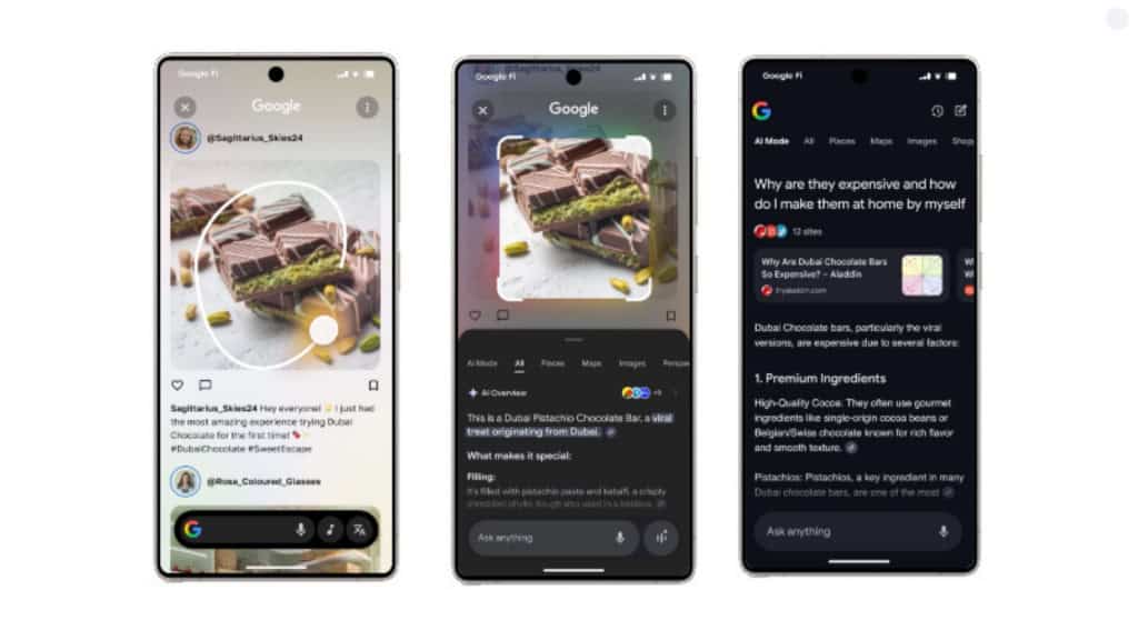 Montagem com telas em celulares mostrando Modo IA no Circule para Pesquisar do Google