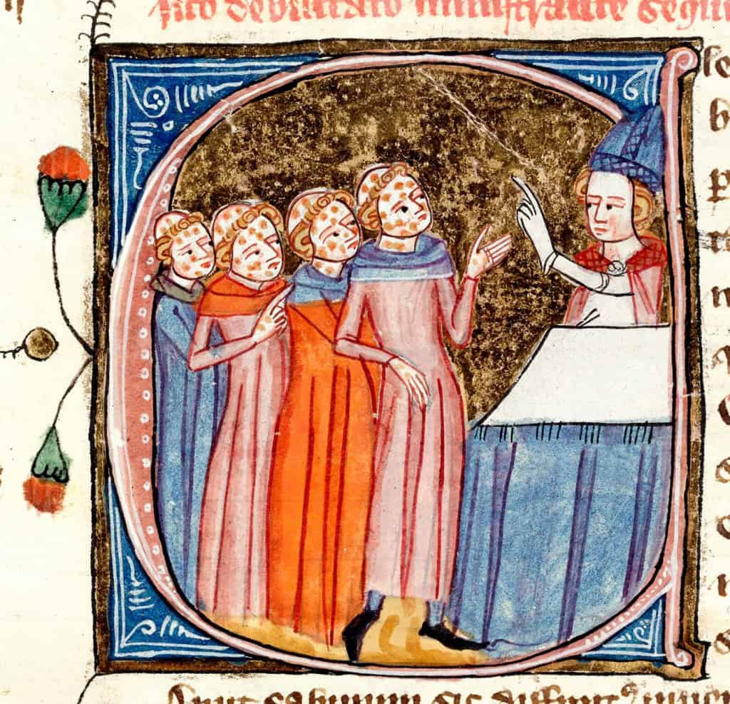 Ilustração medieval de um padre pregando para vitimas da lepra.