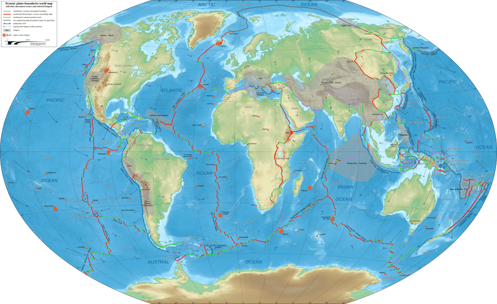 Mapa da Terra com placas tectônicas destacadas