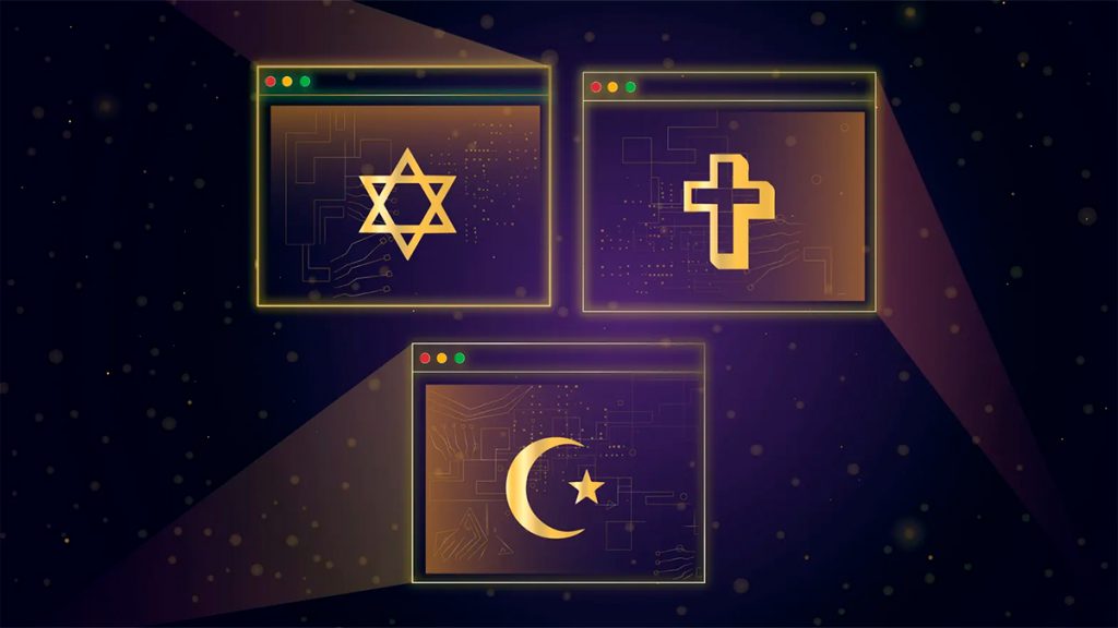 Ilustração com símbolos de religiões em janelas de navegação