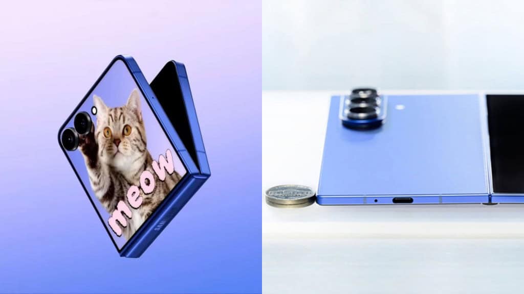 Montagem com imagens dos celulares Galaxy Z Flip 7, meio aberto na diagonal, e Galaxy Z Fold 7, este aberto do lado de uma moeda com a mesma espessura dele