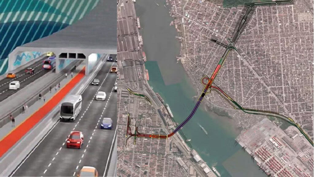 Montagem com ilustração e mapa mostrando túnel entre Santos e Guarujá