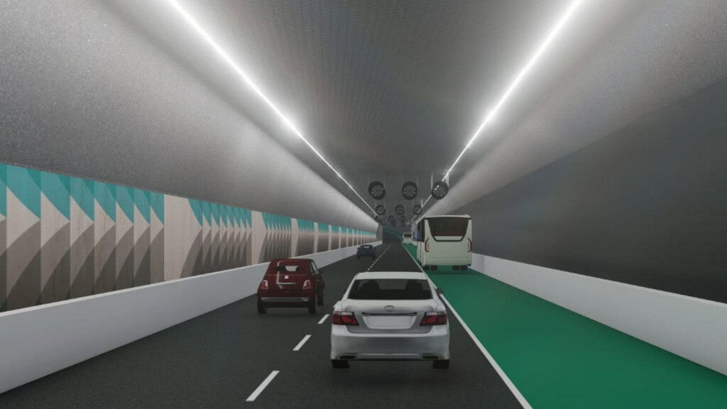 Ilustração mostrando carros andando em túnel submerso entre Santos e Guarujá