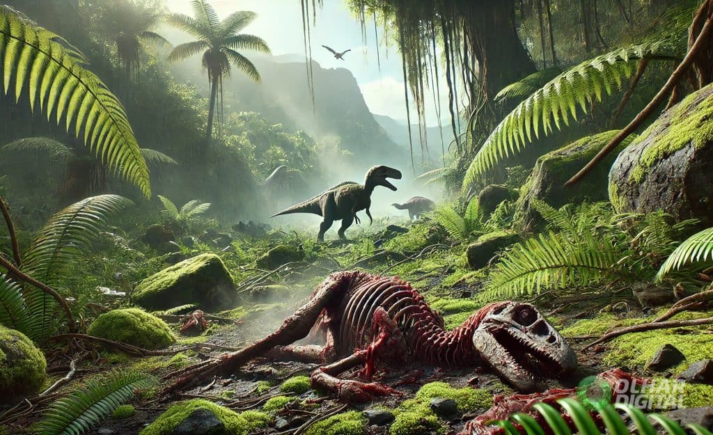 Representação artística elaborada com Inteligência Artificial de uma carcaça de dinossauro que acabou de ser devorada por outros.