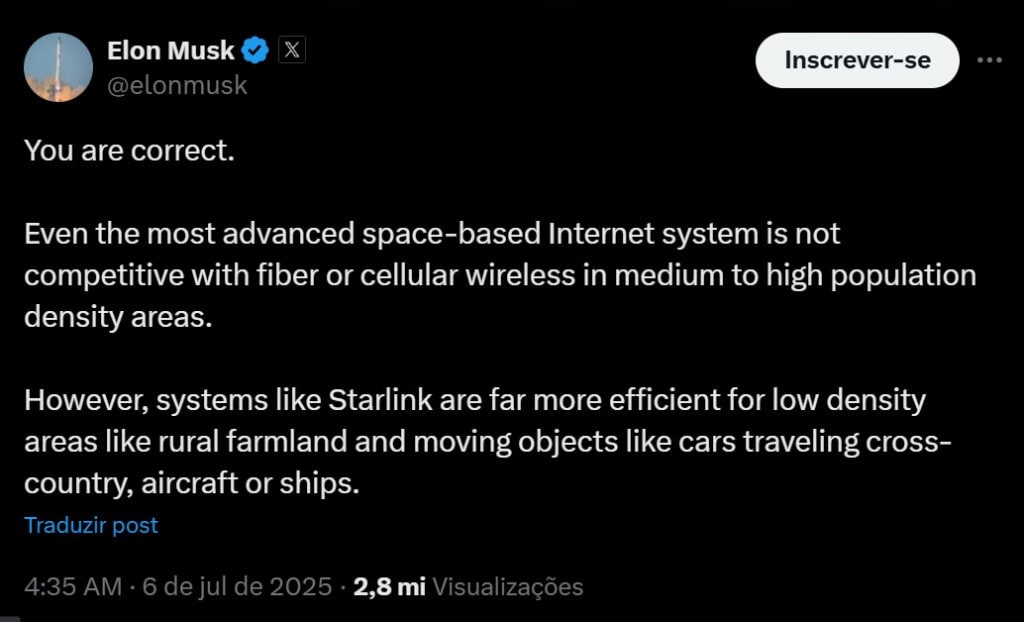 Elon Musk comentou sobre a fibra ótica e redes móveis vs. internet via satálite 