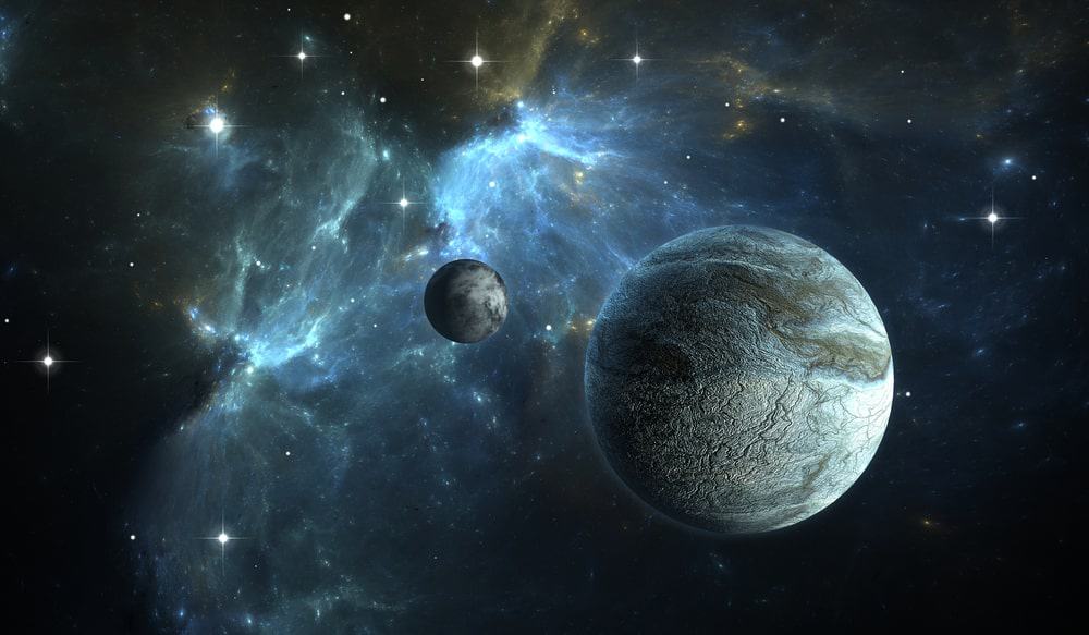 Imagem: Ilustração de exoplaneta de pedra com lua no fundo