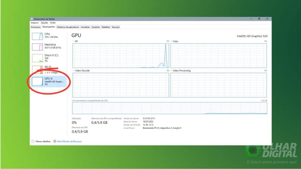 print do gerenciador de tarefas na  verificando desempenho da GPU