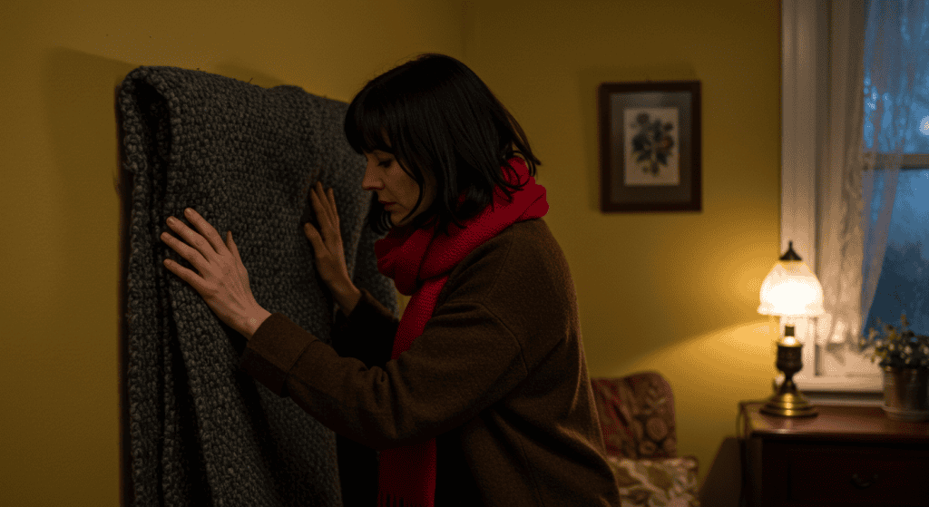 mulher prendendo um cobertor a parede para aquecer sua casa no inverno