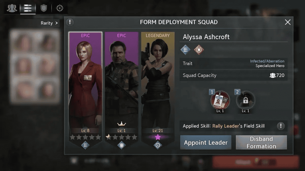Screenshot de Resident Evil Survival Unit mostrando alguns personagens do jogo na tela de esquadrão