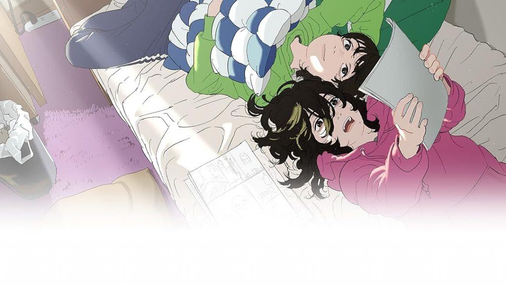 desenho em anime de uma menino e um menino deitados em uma cama