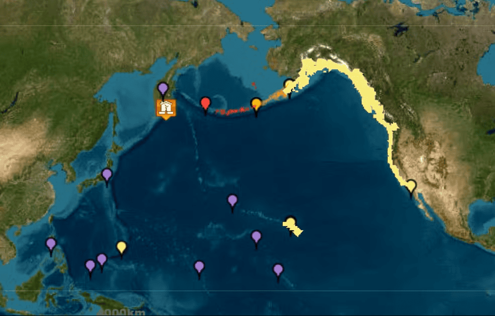 Mapa mostra alertas de tsunami no Oceano Pacífico e avisos para a costa leste da América do Norte