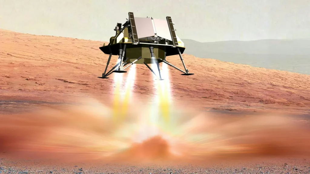 Ilustração artística do pouso da missão ExoMars em Marte