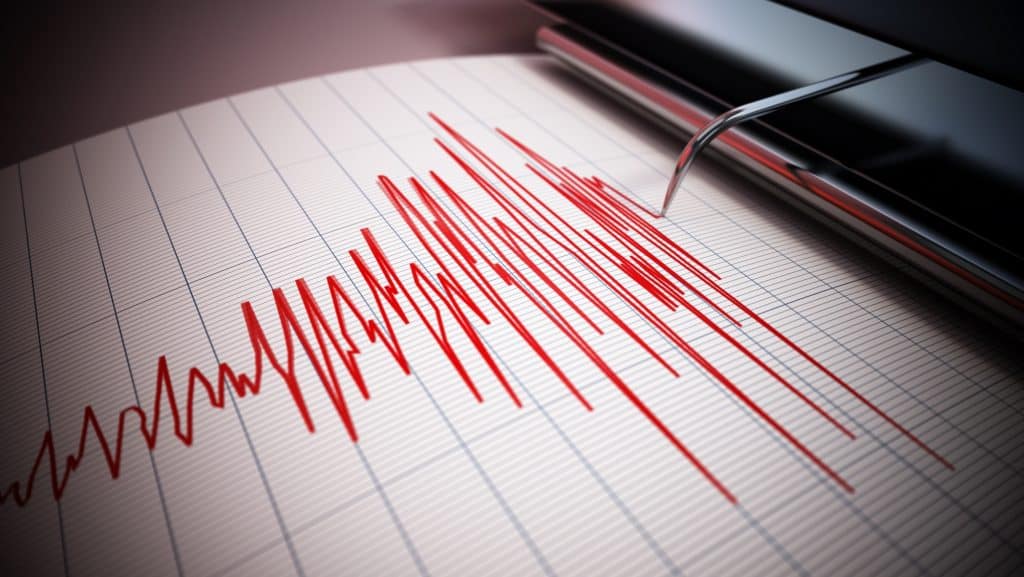Dados sismográficos de um grande terremoto. Ondas sísmicas na página do relatório. Ilustração 3D.