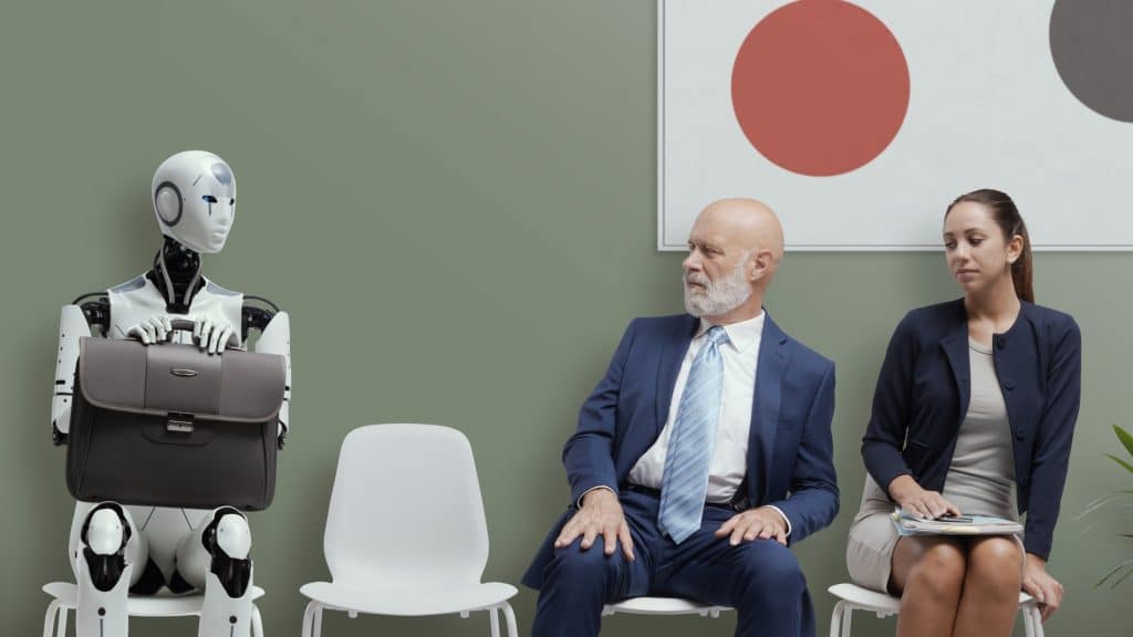 Candidato esperando entrevista de emprego sentados ao lado de um robô com IA (inteligência artificial)