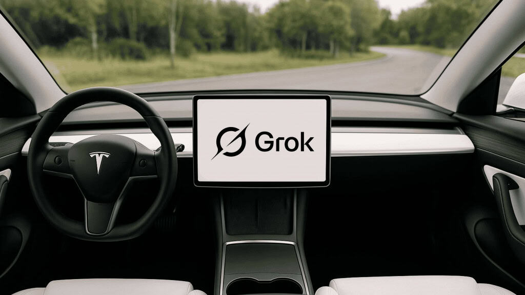imagem gerada por ia mostra o logotipo do grok na tela de um carro da tesla