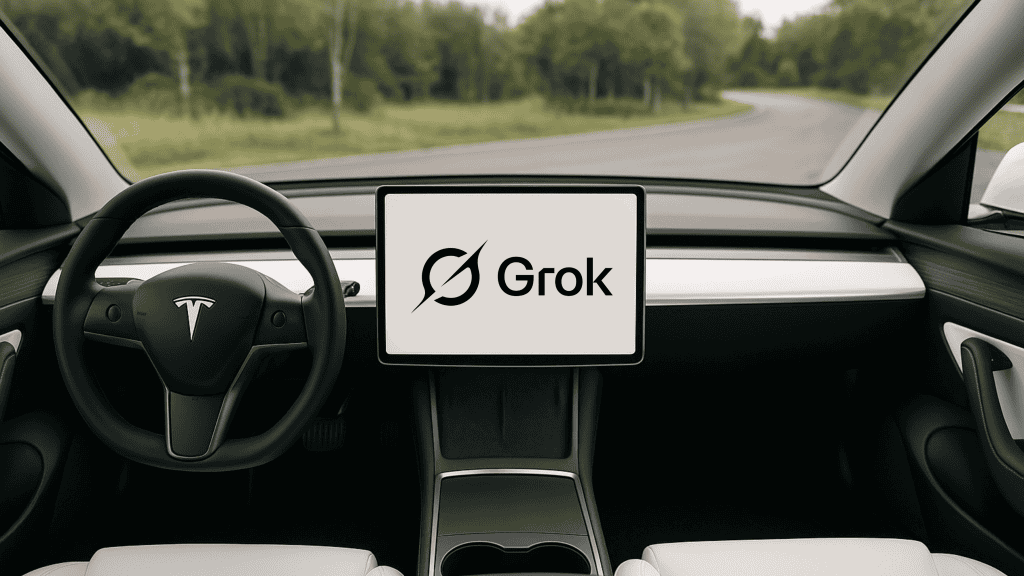 imagem gerada por ia mostra o logotipo do grok na tela de um carro da tesla