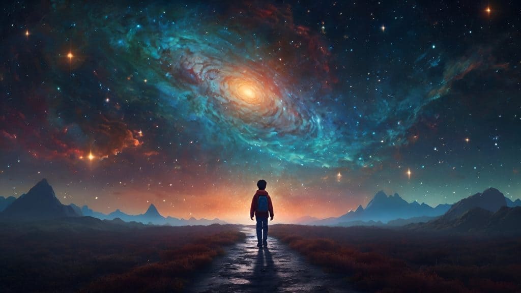 Garoto indo em direção ao Universo