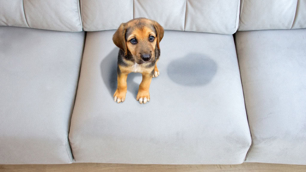 filhote de cachorro ao lado de urina que fez em local errado no sofá