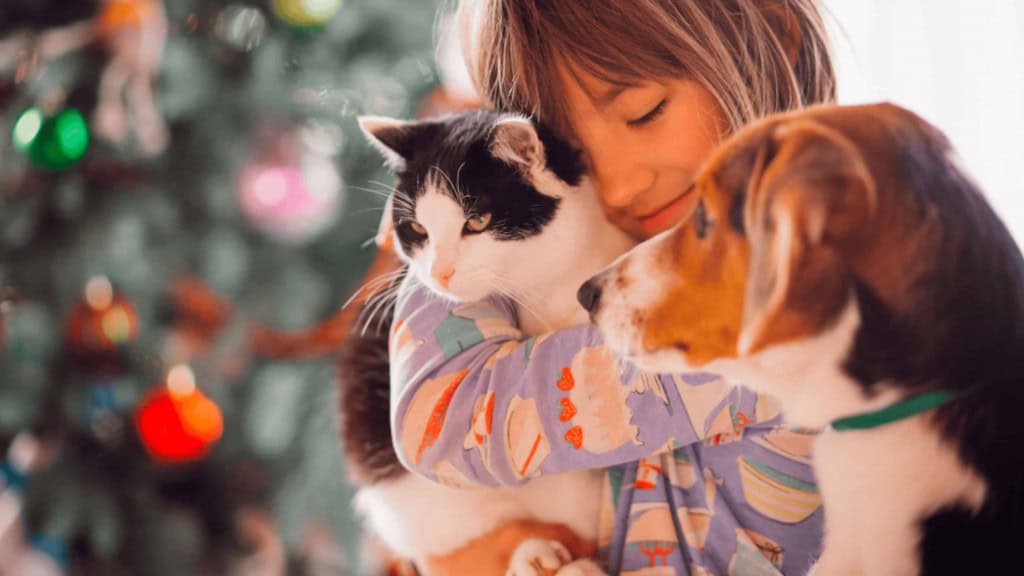 Menina com cão e gato